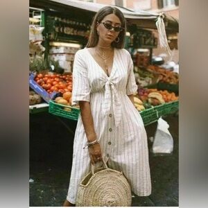 ZARA••NWT Striped Ecru Linen+Cotton Midi Dress••XS